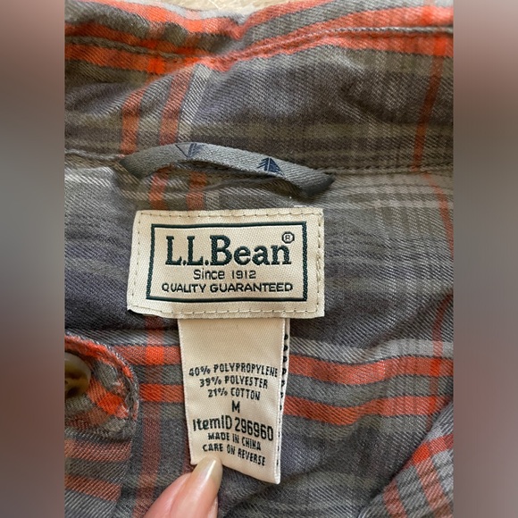 LL Bean Med Gray & Orange Plaid Long Sleeve Button Down Shirt - Picture 3 of 6